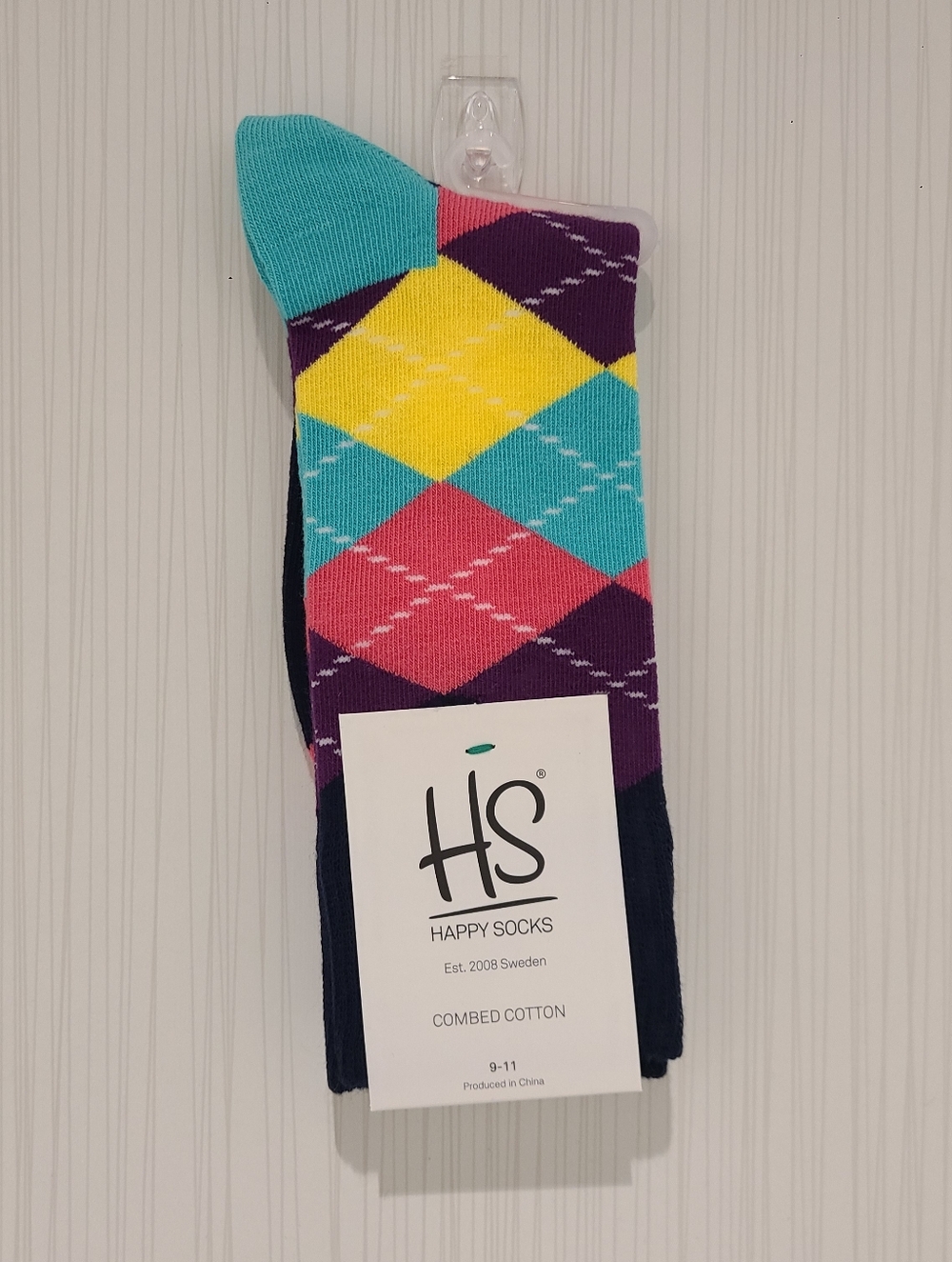 Happy Socks Women's Argyle Crew Socks in Teal, Yellow, Pink & Purple Size 6 - 10